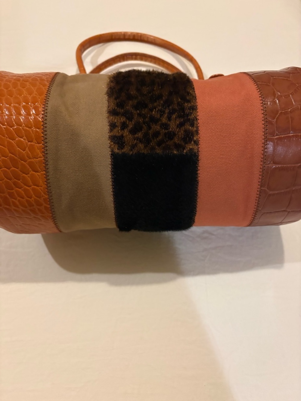 Maxx New York Cognac, Tan and Leopard Patchwork Barrel Bag - Picture 2 of 5
